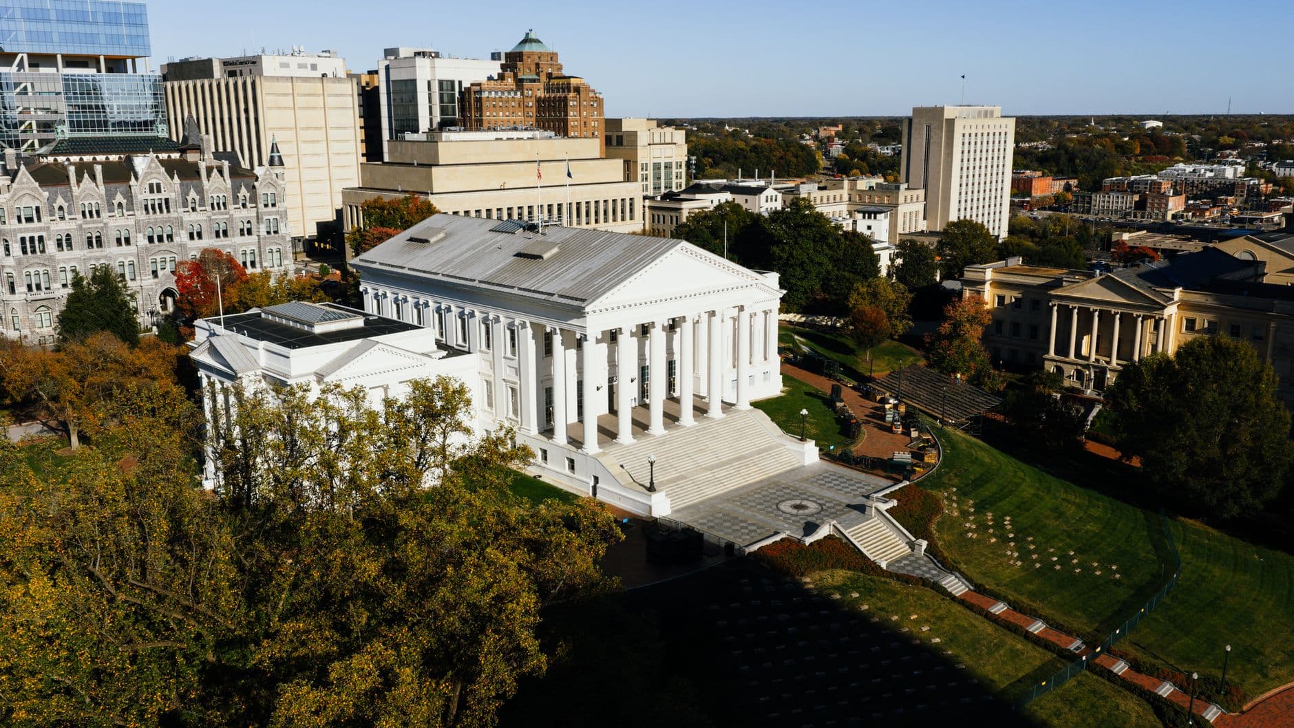 Aerial view of the historic Virginia State Capitol in downtown Richmond, highlighting its architectural significance.